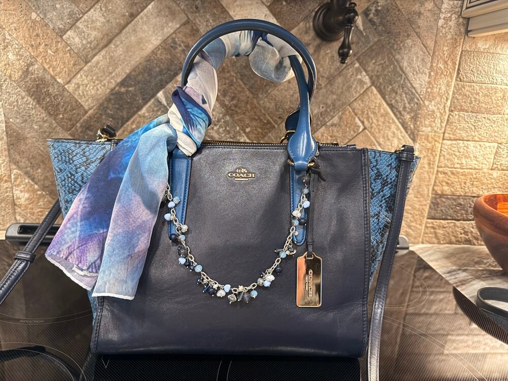 COACH Blue Leather & Python Embossed Satchel Crossbody Tote